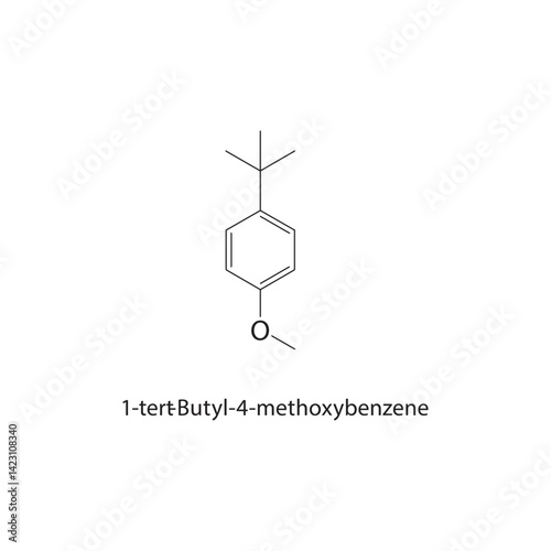 1-tert-Butyl-4-methoxybenzene skeletal structure. Ether compound schematic illustration. Simple diagram, chemical formula.