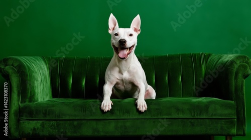 Obraz na płótnie Cute Bull Terrier relaxing on a velvet green couch. w salonie
