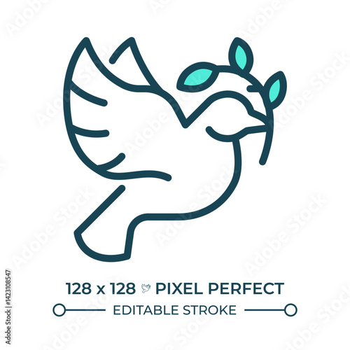 Right to social order pixel perfect line color icon. Fair free world. Peace dove holding olive branch. No wars. Isolated vector illustration. Flat colorful symbol design. Editable stroke