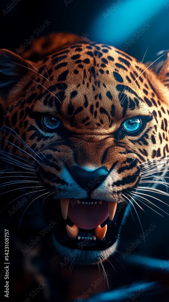Obraz premium Angry Leopard in a Dramatic Blue Glow.