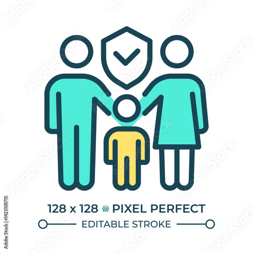 Right to marriage and family pixel perfect line color icon. Human rights protection. Equality and freedom support. Isolated vector illustration. Flat colorful symbol design. Editable stroke