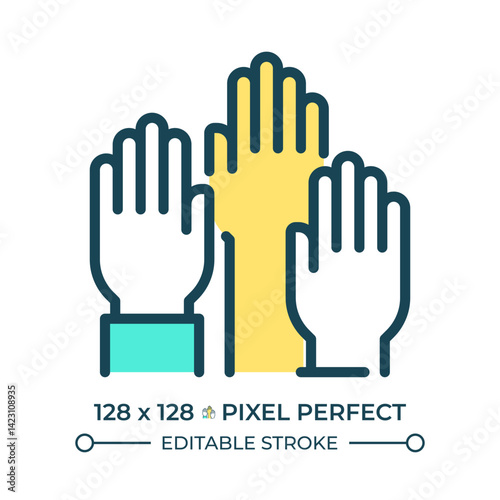 Right to participate in government and in free elections pixel perfect line color icon. Voters raised hands group. Isolated vector illustration. Flat colorful symbol design. Editable stroke