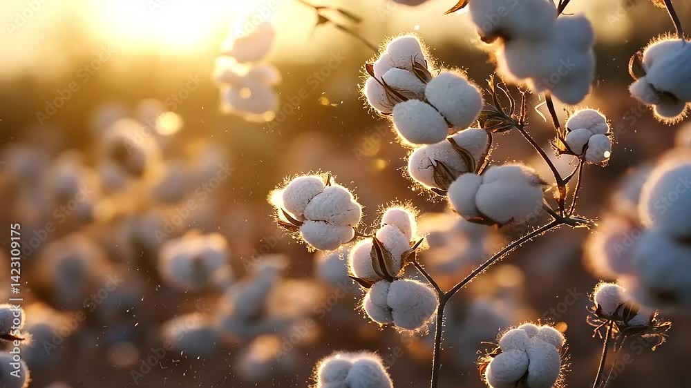 Cotton plants illuminated by sunlight, showcasing fluffy bolls in a serene field at sunset