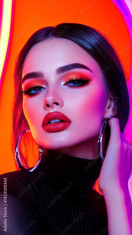 Top model radiates confidence in bold neon tones. A glowing vision of beauty