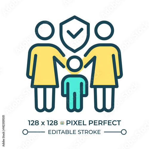 Right to marriage and family pixel perfect line color icon. Lesbian partners with child. LGBT community support. Equality. Isolated vector illustration. Flat colorful symbol design. Editable stroke