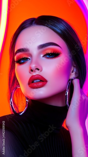 Obraz na płótnie Top model radiates confidence in bold neon tones. A glowing vision of beauty w salonie
