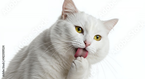 Elegant White Cat with Yellow Eyes Licking its Nose Isolated on White Background in a Studio Setting Displaying its Cleanliness and Adorable Expression