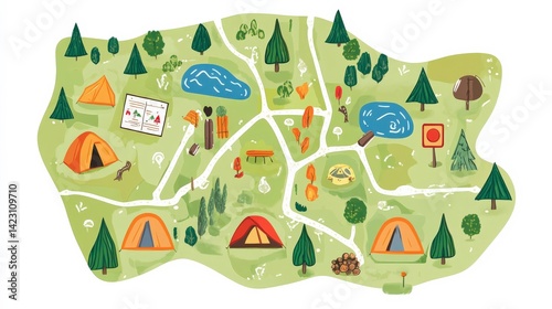 Vibrant Camping Map with Trail Illustrations