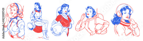Vintage line art drawing style of a woman wearing an astronaut space outfit