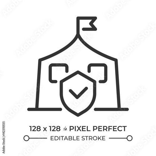 Right to asylum in other countries from persecution pixel perfect line icon. Refugees protection program. Isolated vector illustration. Outline symbol. Simple linear drawing. Editable stroke