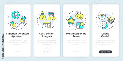 Value engineering principles onboarding mobile app screen. Walkthrough 4 steps editable graphic instructions with linear concepts. UI, UX, GUI. Montserrat SemiBold, Regular fonts used