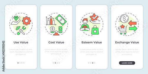 Product value types onboarding mobile app screen. Customer experience. Walkthrough 5 steps editable graphic instructions with linear concepts. UI, UX, GUI. Montserrat SemiBold, Regular fonts used