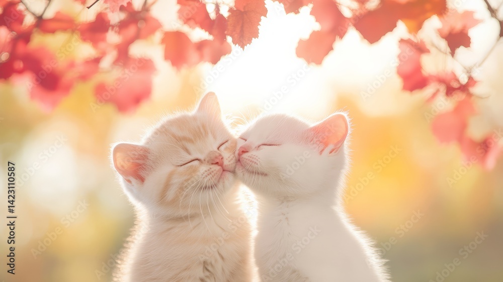Adorable baby cats sharing a loving kiss under a tree. Sweet British Shorthair kittens kissing.
