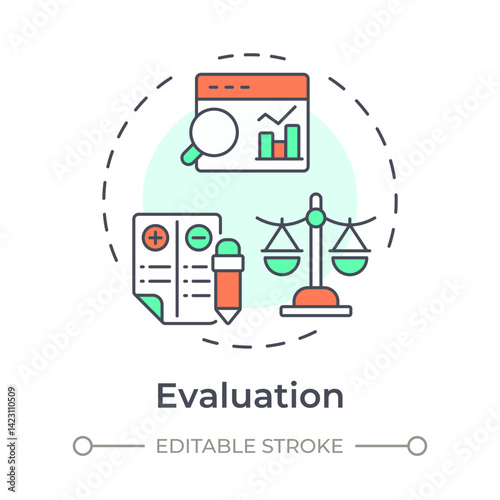 Evaluation multi color concept icon. Statistical metrics analysis. Balance sheet, comparison scales. Round shape line illustration. Abstract idea. Graphic design. Easy to use in infographic