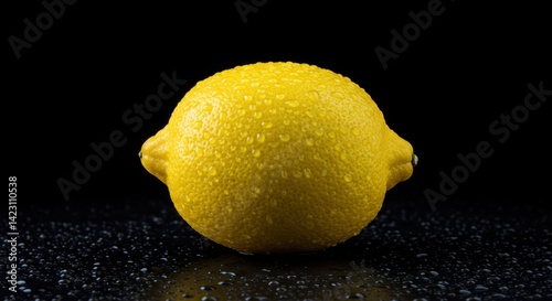 Single Fresh Lemon on Dark Surface with Water Droplets