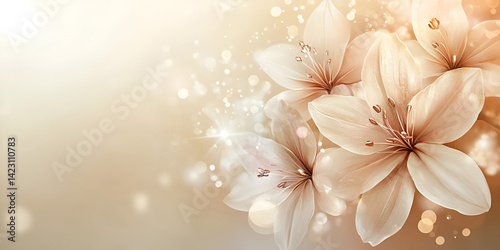 Soft Beige Lily Flowers with Sparkle Light Bokeh Background

