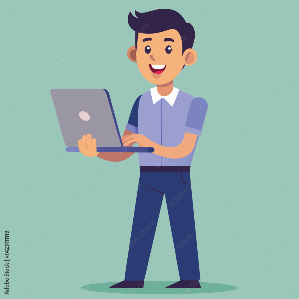 Young Man Using Laptop Concept Vector Illustration Young Man Using Laptop Concept Vector Illustration