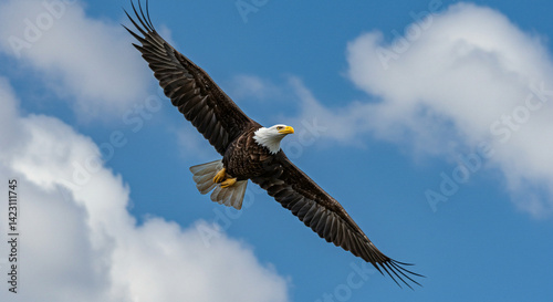 Eagle Flying Against a Blue Sky with Clouds Spreading Wings