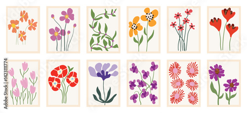 Spring botanical doodle background art vector set. Flower and leaves abstract shape doodle art design for print, wallpaper, clipart, wall art for home decoration.
