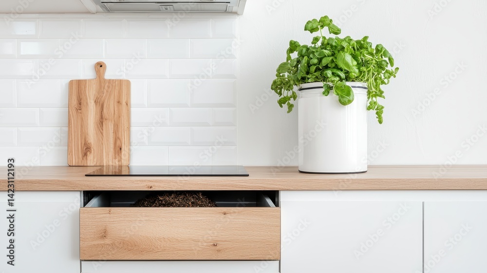Fototapeta premium Food waste management concept illustrating circular economy solutions in a clean kitchen setting.