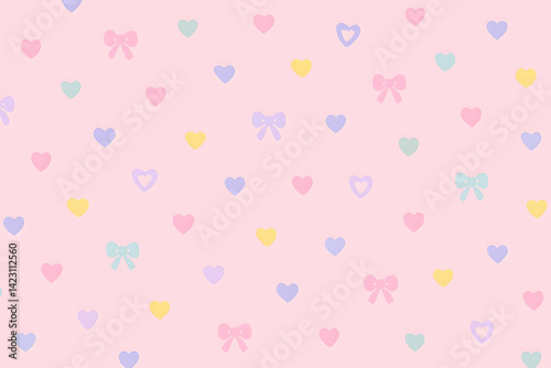 Kawaii pastel hearts and ribbons seamless pattern soft pink background cute graphic design minimal aesthetic