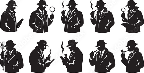 Detective Silhouette Vector Set with Magnifying Glass Smoking Pipe Mystery Crime Investigation Icons