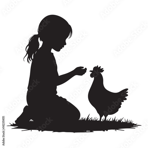 Child and Chicken Vector Silhouette - Rural Farm Life Illustration