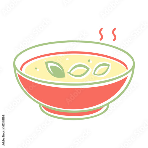Colorful soup bowl with steam and herbs  