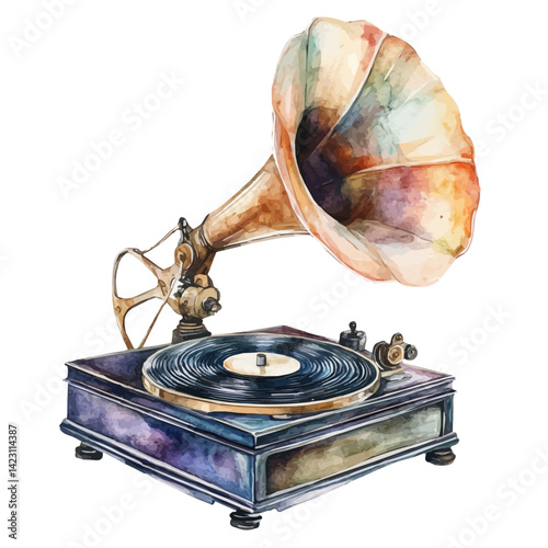 Spring-powered Gramophone, watercolor vector, isolated on a white background.