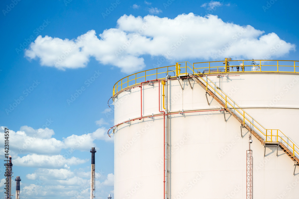 Oil storage tank at oil and gas refinery industrial zone, Business industrial storage tank oil and gas refinery, Crude oil storage tank business logistic and transportation,
