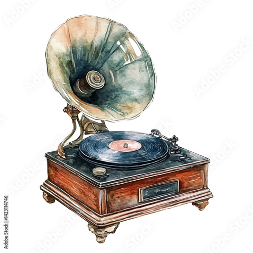 Spring-powered Gramophone, vector watercolor illustration, isolated on a white background.
