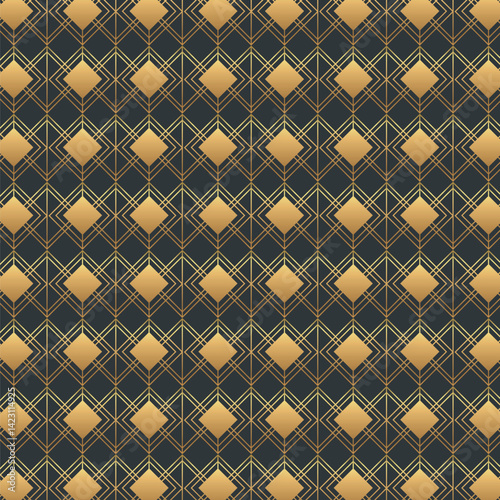 Gold geometric pattern. Elegant Seamless Gold Geometric Pattern with Diamond Shapes and Art Deco Style on Dark Background – Luxury Abstract Design for Premium Wallpapers, Textile, Wrapping Paper etc.