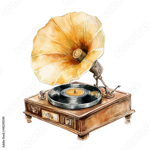 illustration of Spring-powered Gramophone, watercolor vector, isolated on a white background.