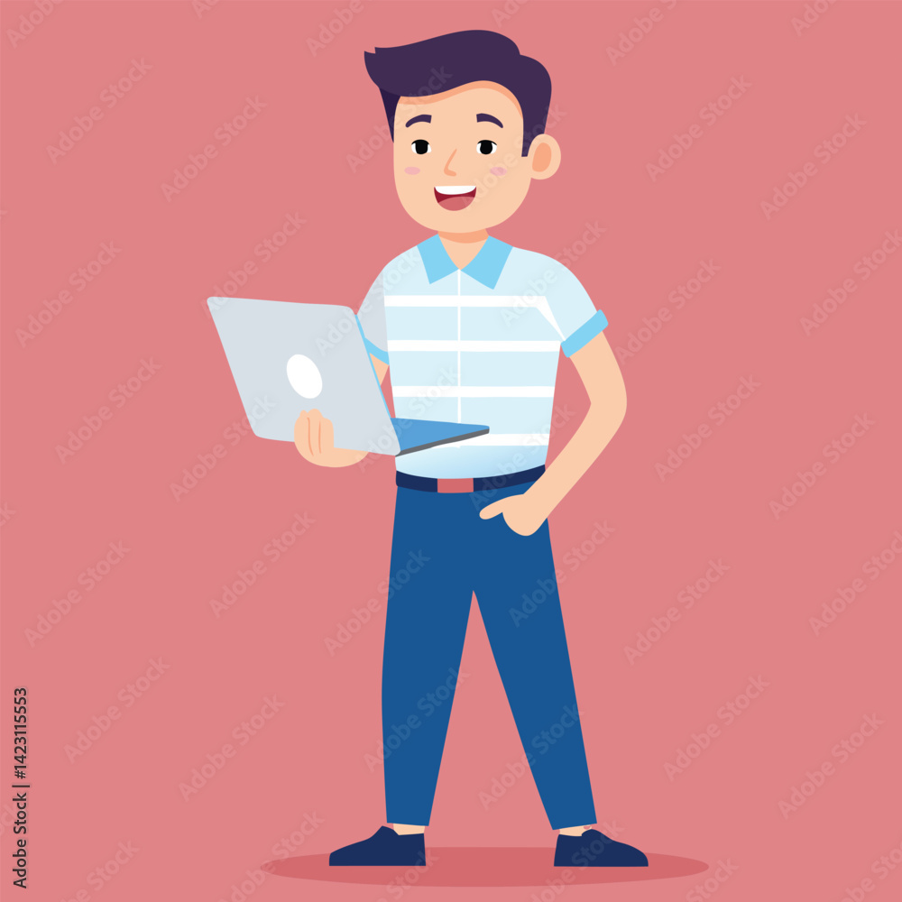 Young Man Using Laptop Concept Vector Illustration Young Man Using Laptop Concept Vector Illustration