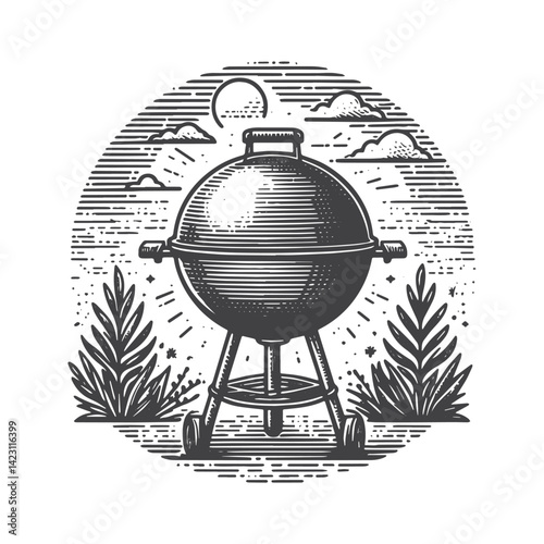 Vintage Hand-Drawn Barbecue Grill Front View Illustration – Outdoor Cooking Engraved Style Vector for T-Shirts, Posters, Stickers, and Rustic Home Apparel
