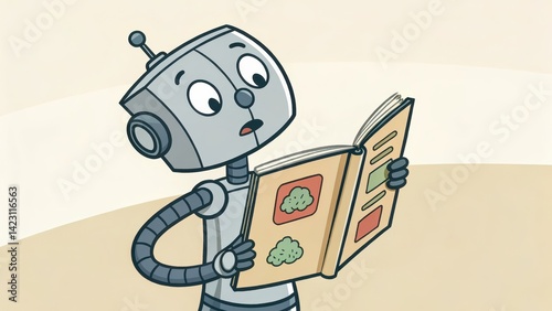 Curious cartoon robot with expressive face reading an illustrated book, reacting with surprise to its science or nature content.