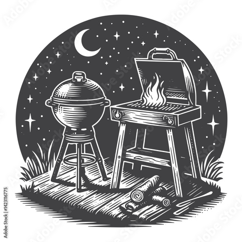Vintage Hand-Drawn Barbecue Grill at Night Illustration – Outdoor Cooking Engraved Style Vector for T-Shirts, Posters, Stickers, and Rustic Home Apparel