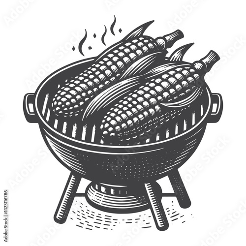 Vintage Hand-Drawn Barbecue Grill with Corn on the Cob Illustration – Outdoor Cooking Engraved Style Vector for T-Shirts, Posters, Stickers, and Rustic Home Apparel