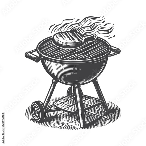 Vintage Hand-Drawn Barbecue Grill with Steaks Illustration – Outdoor Cooking Engraved Style Vector for T-Shirts, Posters, Stickers, and Rustic Home Apparel
