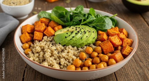 Vibrant Vegetarian Buddha Bowl with Quinoa, Avocado, Chickpeas, and Sweet Potatoes