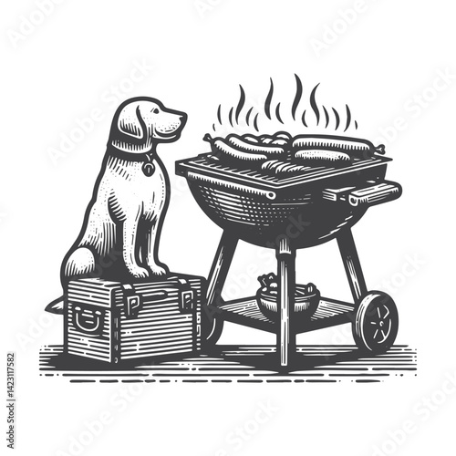 Vintage Hand-Drawn Barbecue Grill with Dog Waiting Illustration – Outdoor Cooking Engraved Style Vector for T-Shirts, Posters, Stickers, and Rustic Home Apparel