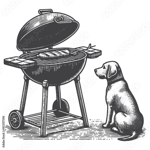 Vintage Hand-Drawn Barbecue Grill with Dog Waiting Illustration – Outdoor Cooking Engraved Style Vector for T-Shirts, Posters, Stickers, and Rustic Home Apparel