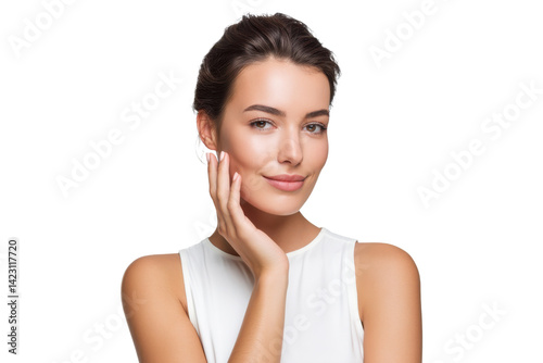 Beautiful woman with clear glowing skin in white top, isolated on transparent background