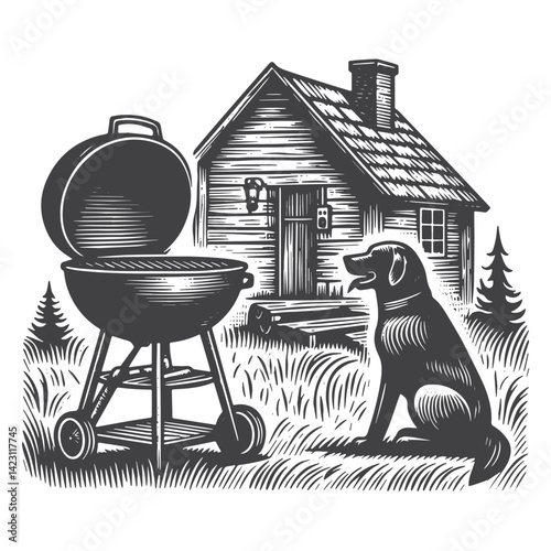 Vintage Hand-Drawn Barbecue Grill with Dog Waiting Illustration – Outdoor Cooking Engraved Style Vector for T-Shirts, Posters, Stickers, and Rustic Home Apparel