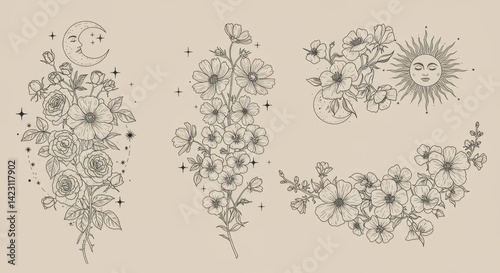 Celestial Floral Drawings: Stars, Moons, Sun, Roses, Cosmos, Violets