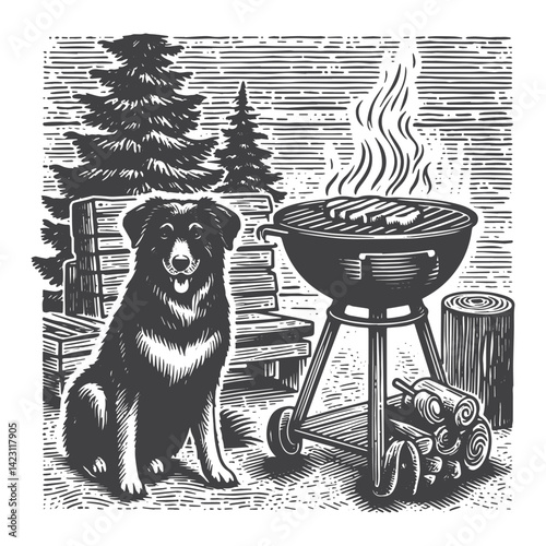 Vintage Hand-Drawn Barbecue Grill with Dog Waiting Illustration – Outdoor Cooking Engraved Style Vector for T-Shirts, Posters, Stickers, and Rustic Home Apparel