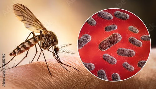 A detailed medical illustration showing the life cycle of malaria. In the foreground, a close-up of an Anopheles mosquito is biting a human arm, transmitting Plasmodium parasites. photo