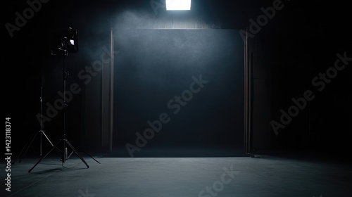 Empty studio space with lighting equipment and large dark door