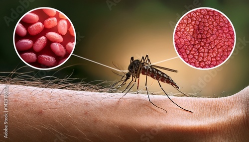 A detailed medical illustration showing the life cycle of malaria. In the foreground, a close-up of an Anopheles mosquito is biting a human arm, transmitting Plasmodium parasites. photo