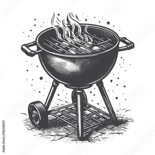 Vintage Hand-Drawn Barbecue Grill with Flames Illustration – Outdoor Cooking Engraved Style Vector for T-Shirts, Posters, Stickers, and Rustic Home Apparel